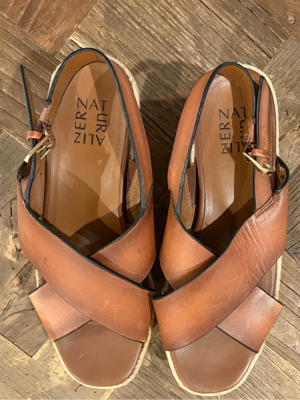 Naturalizer Brown Leather Crisscross Espadrille Wedge Sandals - Size 8.5